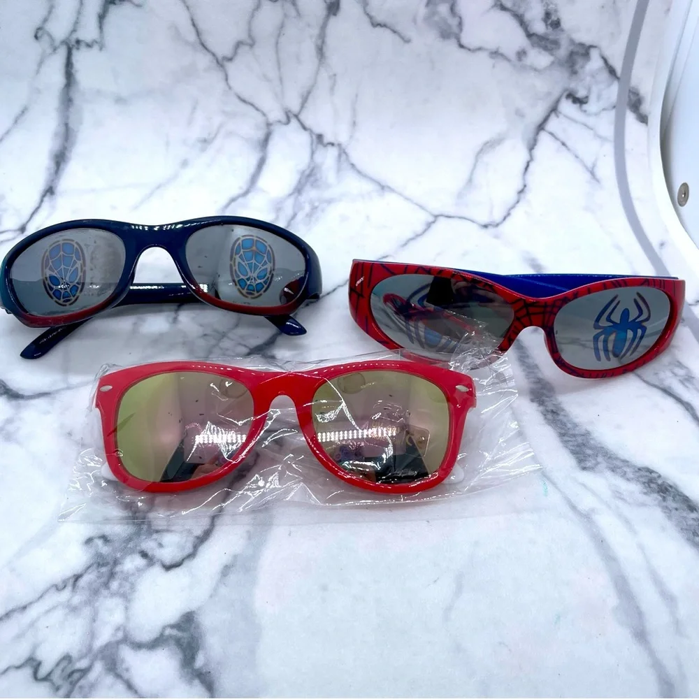 3 Boys Sunglasses 2 Spider-Man & 1 Plain Red Reflective Lenses Some Wear